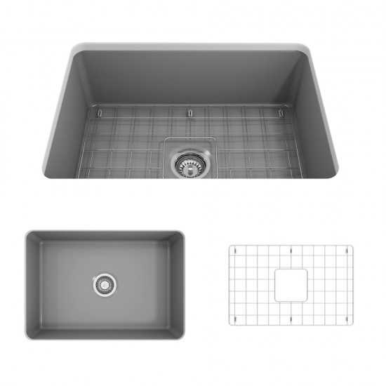 Sotto Undermount Fireclay 27 in. Single Bowl Kitchen Sink with Protective Bottom Grid and Strainer in Matte Gray