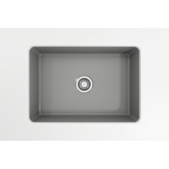 Sotto Undermount Fireclay 27 in. Single Bowl Kitchen Sink with Protective Bottom Grid and Strainer in Matte Gray