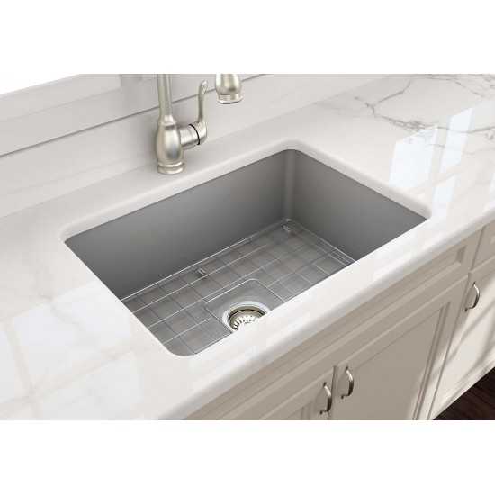 Sotto Undermount Fireclay 27 in. Single Bowl Kitchen Sink with Protective Bottom Grid and Strainer in Matte Gray