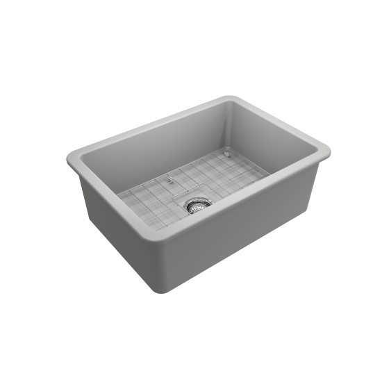 Sotto Undermount Fireclay 27 in. Single Bowl Kitchen Sink with Protective Bottom Grid and Strainer in Matte Gray