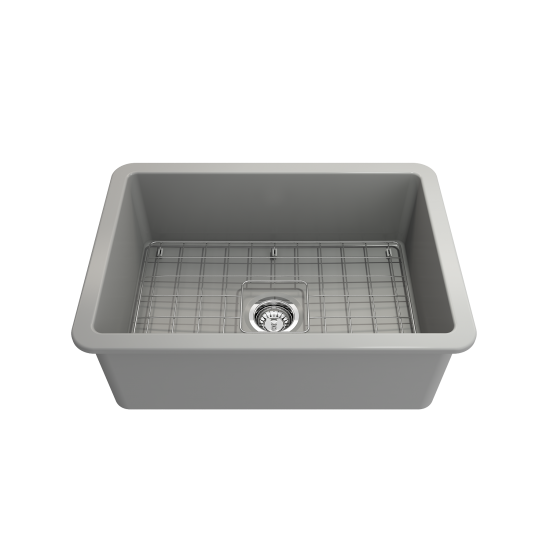 Sotto Undermount Fireclay 27 in. Single Bowl Kitchen Sink with Protective Bottom Grid and Strainer in Matte Gray