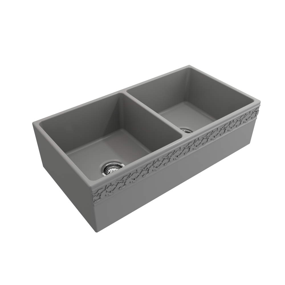 Vigneto Apron Front Fireclay 36 in. Double Bowl Kitchen Sink with Protective Bottom Grids and Strainers in Matte Gray