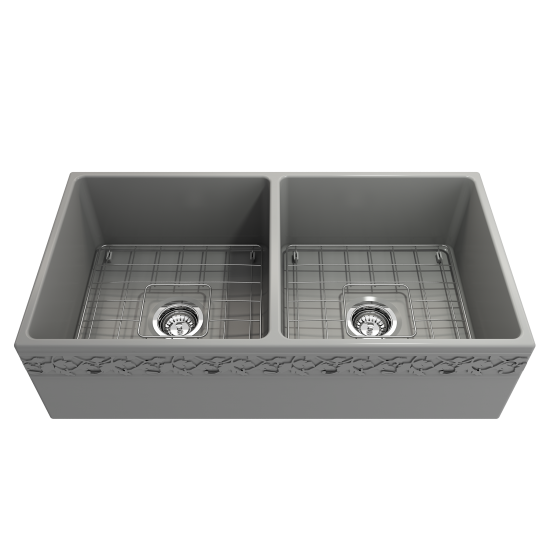 Vigneto Apron Front Fireclay 36 in. Double Bowl Kitchen Sink with Protective Bottom Grids and Strainers in Matte Gray