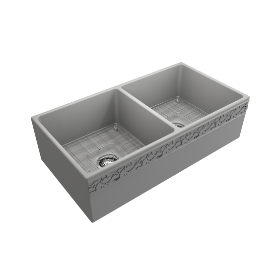 Vigneto Apron Front Fireclay 36 in. Double Bowl Kitchen Sink with Protective Bottom Grids and Strainers in Matte Gray