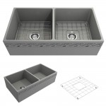 Vigneto Apron Front Fireclay 36 in. Double Bowl Kitchen Sink with Protective Bottom Grids and Strainers in Matte Gray