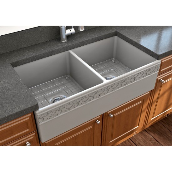 Vigneto Apron Front Fireclay 36 in. Double Bowl Kitchen Sink with Protective Bottom Grids and Strainers in Matte Gray