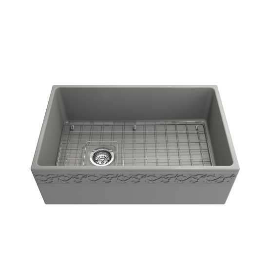 Vigneto Apron Front Fireclay 30 in. Single Bowl Kitchen Sink with Protective Bottom Grid and Strainer in Matte Gray