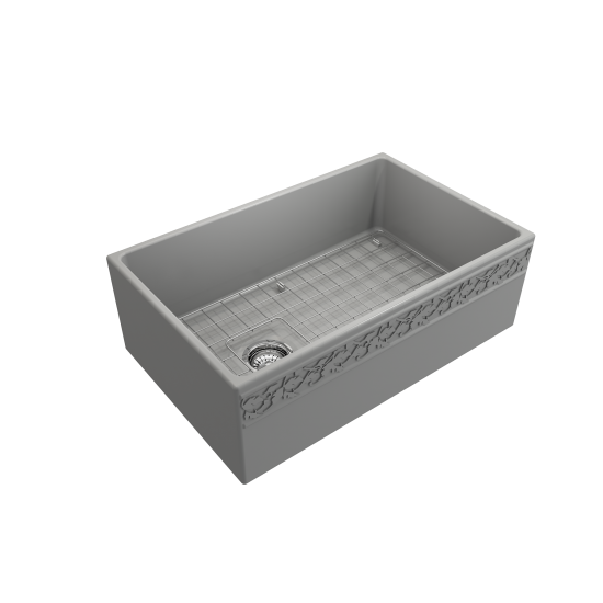 Vigneto Apron Front Fireclay 30 in. Single Bowl Kitchen Sink with Protective Bottom Grid and Strainer in Matte Gray