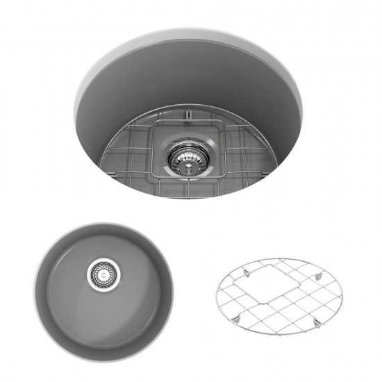 Sotto Round Dual Mount Fireclay 18.5 in. Single Bowl Bar Sink with Protective Bottom Grid and Strainer in Matte Gray