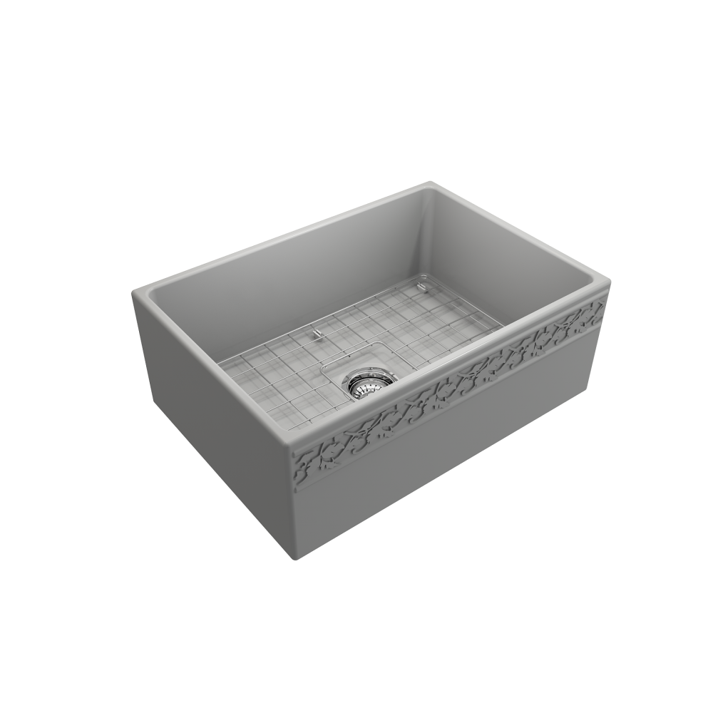 Vigneto Apron Front Fireclay 27 in. Single Bowl Kitchen Sink with Protective Bottom Grid and Strainer in Matte Gray