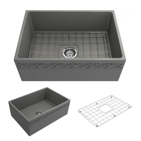 Vigneto Apron Front Fireclay 27 in. Single Bowl Kitchen Sink with Protective Bottom Grid and Strainer in Matte Gray