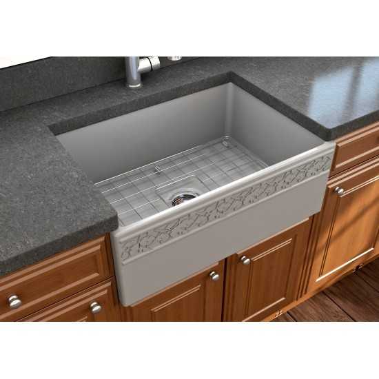 Vigneto Apron Front Fireclay 27 in. Single Bowl Kitchen Sink with Protective Bottom Grid and Strainer in Matte Gray
