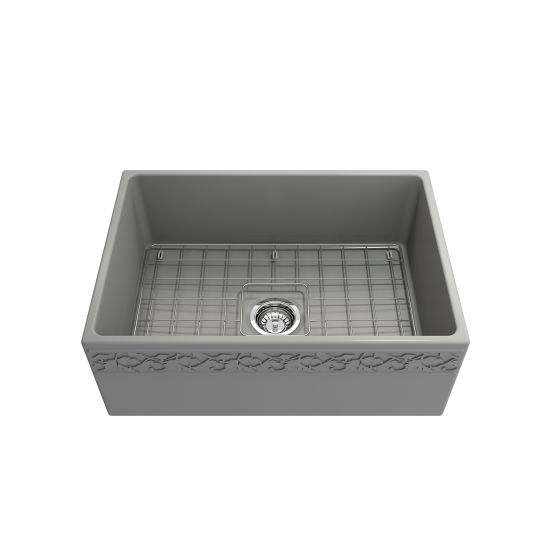 Vigneto Apron Front Fireclay 27 in. Single Bowl Kitchen Sink with Protective Bottom Grid and Strainer in Matte Gray