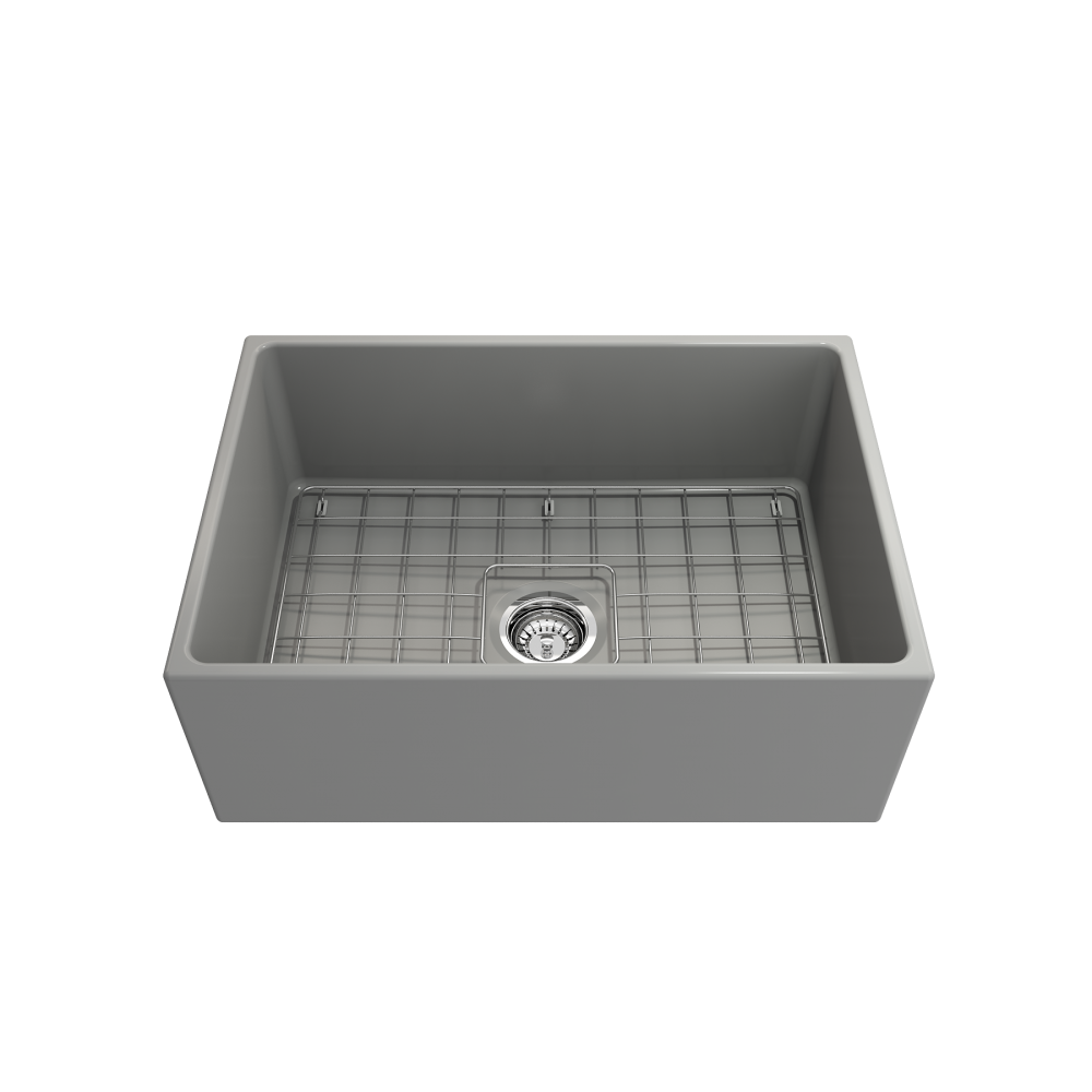 Contempo Apron Front Fireclay 27 in. Single Bowl Kitchen Sink with Protective Bottom Grid and Strainer in Matte Gray