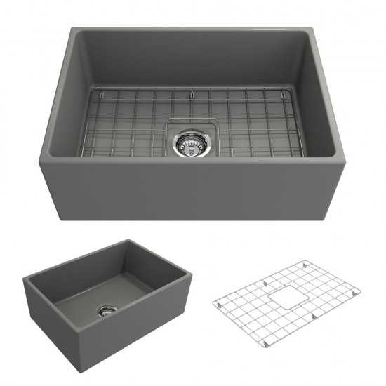 Contempo Apron Front Fireclay 27 in. Single Bowl Kitchen Sink with Protective Bottom Grid and Strainer in Matte Gray