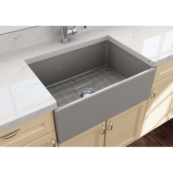 Contempo Apron Front Fireclay 27 in. Single Bowl Kitchen Sink with Protective Bottom Grid and Strainer in Matte Gray