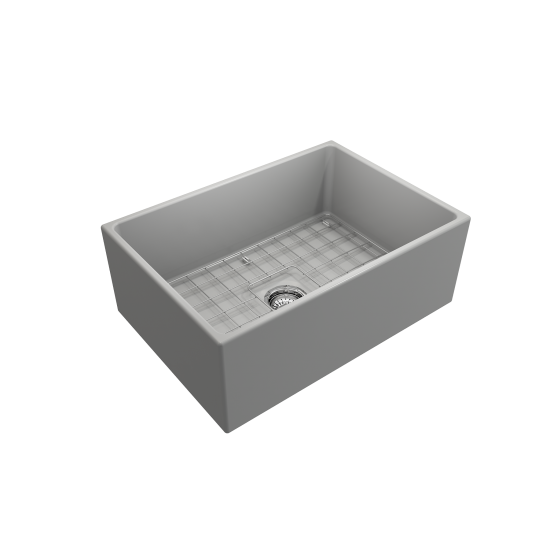 Contempo Apron Front Fireclay 27 in. Single Bowl Kitchen Sink with Protective Bottom Grid and Strainer in Matte Gray