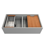 Apron Front Step Rim with Integrated Work Station Fireclay 36 in. Double Bowl Kitchen Sink with Accessories in Matte Gray