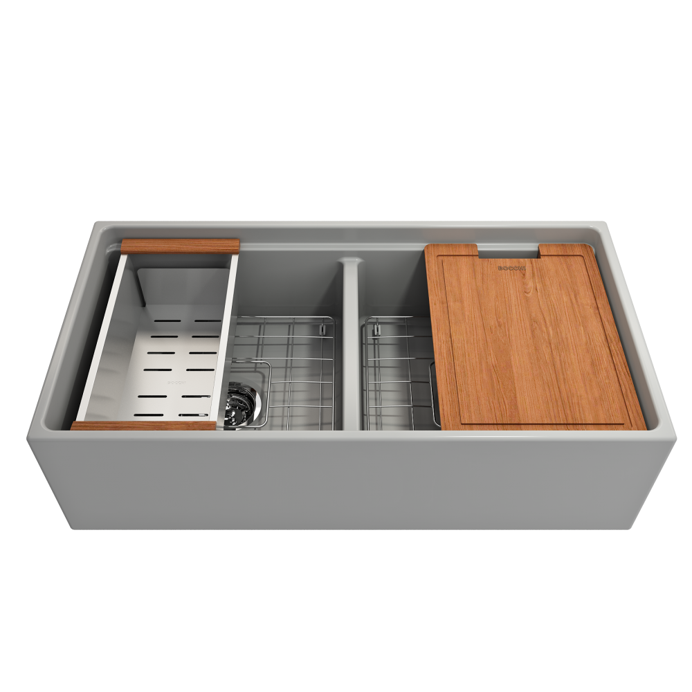 Apron Front Step Rim with Integrated Work Station Fireclay 36 in. Double Bowl Kitchen Sink with Accessories in Matte Gray