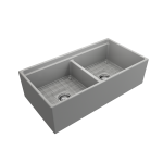 Apron Front Step Rim with Integrated Work Station Fireclay 36 in. Double Bowl Kitchen Sink with Accessories in Matte Gray