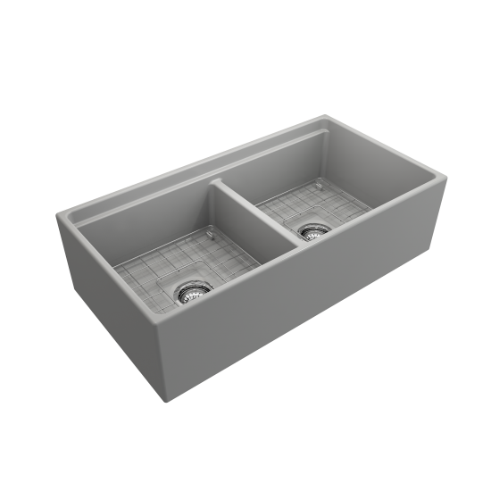 Apron Front Step Rim with Integrated Work Station Fireclay 36 in. Double Bowl Kitchen Sink with Accessories in Matte Gray