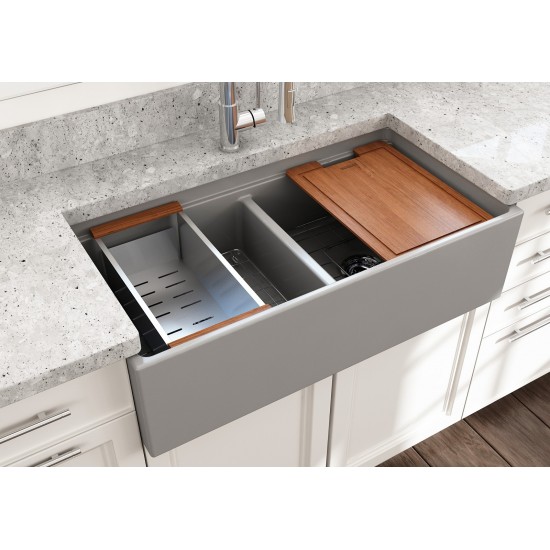 Apron Front Step Rim with Integrated Work Station Fireclay 36 in. Double Bowl Kitchen Sink with Accessories in Matte Gray