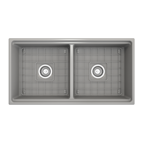 Apron Front Step Rim with Integrated Work Station Fireclay 36 in. Double Bowl Kitchen Sink with Accessories in Matte Gray