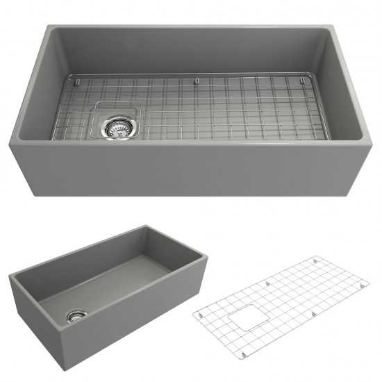 Contempo Apron Front Fireclay 36 in. Single Bowl Kitchen Sink with Protective Bottom Grid and Strainer in Matte Gray