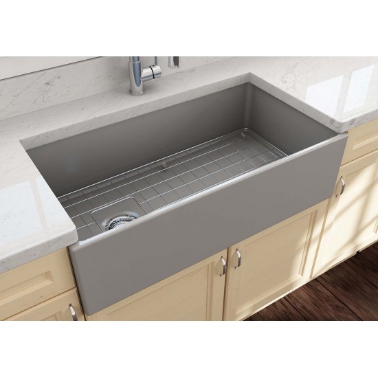 Contempo Apron Front Fireclay 36 in. Single Bowl Kitchen Sink with Protective Bottom Grid and Strainer in Matte Gray