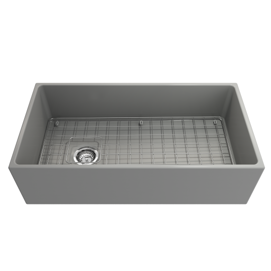 Contempo Apron Front Fireclay 36 in. Single Bowl Kitchen Sink with Protective Bottom Grid and Strainer in Matte Gray