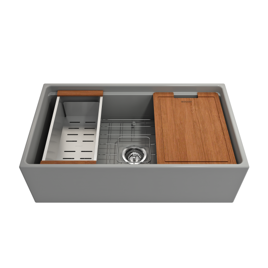 Apron Front Step Rim with Integrated Work Station Fireclay 33 in. Single Bowl Kitchen Sink with Accessories in Matte Gray