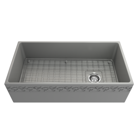 Vigneto Apron Front Fireclay 36 in. Single Bowl Kitchen Sink with Protective Bottom Grid and Strainer in Matte Gray