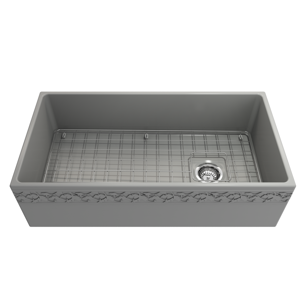 Vigneto Apron Front Fireclay 36 in. Single Bowl Kitchen Sink with Protective Bottom Grid and Strainer in Matte Gray