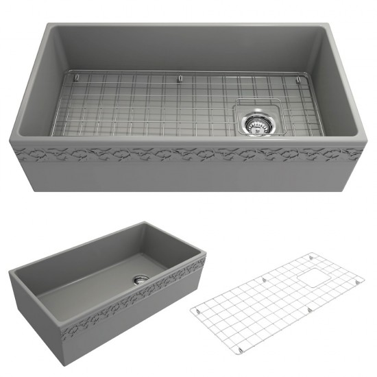 Vigneto Apron Front Fireclay 36 in. Single Bowl Kitchen Sink with Protective Bottom Grid and Strainer in Matte Gray