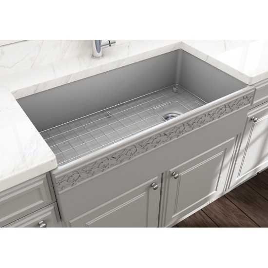 Vigneto Apron Front Fireclay 36 in. Single Bowl Kitchen Sink with Protective Bottom Grid and Strainer in Matte Gray