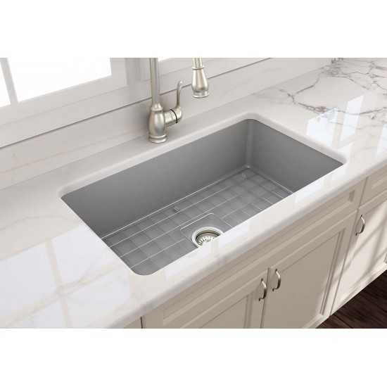 Sotto Undermount Fireclay 32 in. Single Bowl Kitchen Sink with Protective Bottom Grid and Strainer in Matte Gray