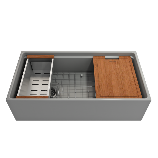 Apron Front Step Rim with Integrated Work Station Fireclay 36 in. Single Bowl Kitchen Sink with Accessories in Matte Gray