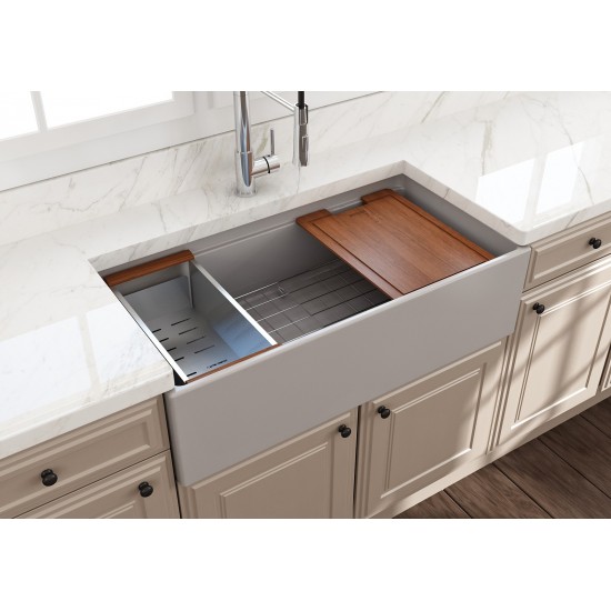 Apron Front Step Rim with Integrated Work Station Fireclay 36 in. Single Bowl Kitchen Sink with Accessories in Matte Gray