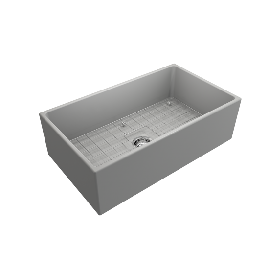 Contempo Apron Front Fireclay 33 in. Single Bowl Kitchen Sink with Protective Bottom Grid and Strainer in Matte Gray