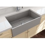 Contempo Apron Front Fireclay 33 in. Single Bowl Kitchen Sink with Protective Bottom Grid and Strainer in Matte Gray