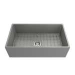 Contempo Apron Front Fireclay 33 in. Single Bowl Kitchen Sink with Protective Bottom Grid and Strainer in Matte Gray