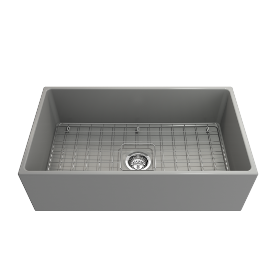 Contempo Apron Front Fireclay 33 in. Single Bowl Kitchen Sink with Protective Bottom Grid and Strainer in Matte Gray