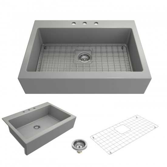 Nuova Apron Front Drop-In Fireclay 34 in. Single Bowl Kitchen Sink with Protective Bottom Grid and Strainer in Matte Gray