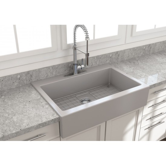 Nuova Apron Front Drop-In Fireclay 34 in. Single Bowl Kitchen Sink with Protective Bottom Grid and Strainer in Matte Gray