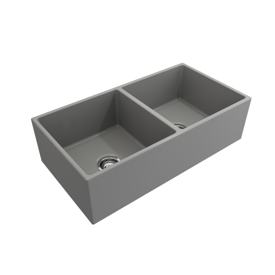 Contempo Apron Front Fireclay 36 in. Double Bowl Kitchen Sink with Protective Bottom Grids and Strainers in Matte Gray