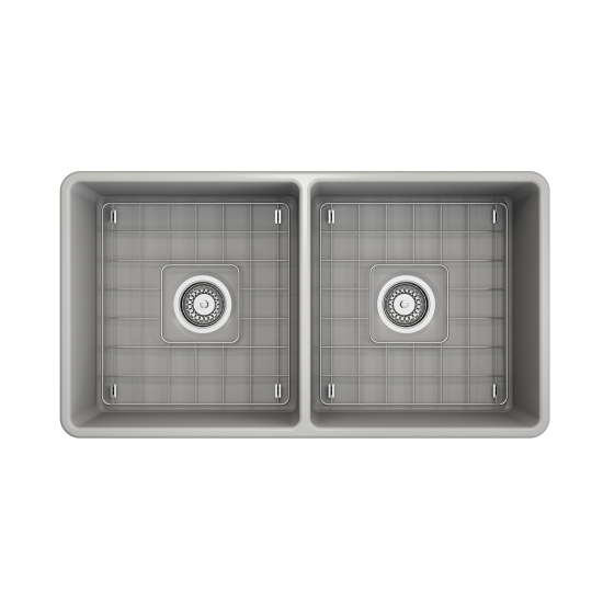 Farmhouse Apron Front Fireclay 33 in. Double Bowl Kitchen Sink with Protective Bottom Grids and Strainers in Matte Gray