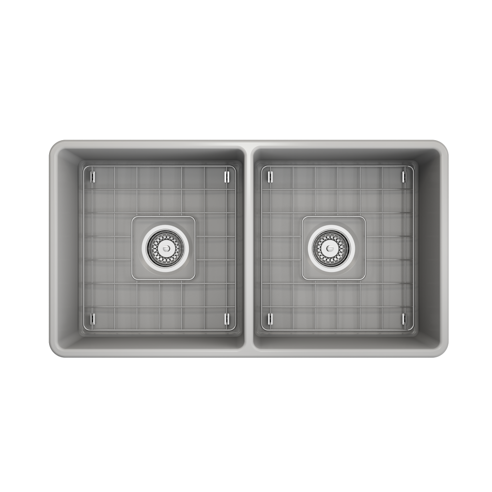 Farmhouse Apron Front Fireclay 33 in. Double Bowl Kitchen Sink with Protective Bottom Grids and Strainers in Matte Gray