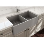 Farmhouse Apron Front Fireclay 33 in. Double Bowl Kitchen Sink with Protective Bottom Grids and Strainers in Matte Gray