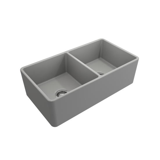 Farmhouse Apron Front Fireclay 33 in. Double Bowl Kitchen Sink with Protective Bottom Grids and Strainers in Matte Gray