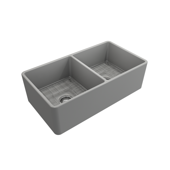 Farmhouse Apron Front Fireclay 33 in. Double Bowl Kitchen Sink with Protective Bottom Grids and Strainers in Matte Gray